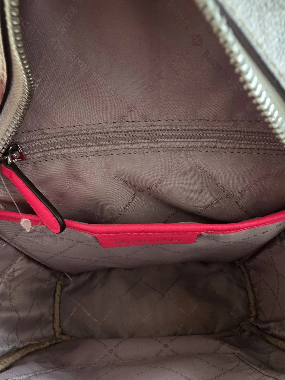 Michael Kors Signature Abbey Backpack in White with Hot Pink Accents